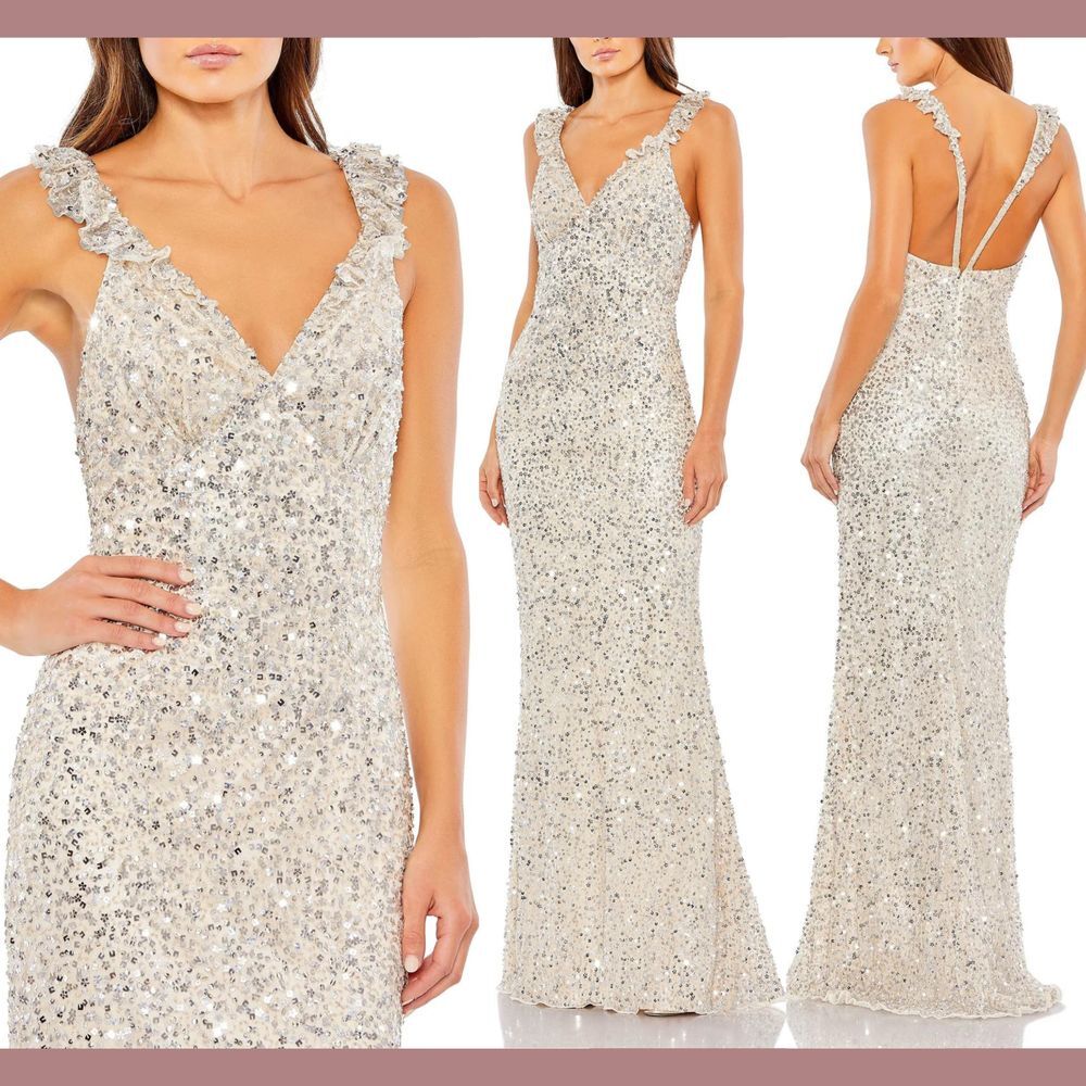NWT Mac Duggal [ 6 ] 5674 Embellished Ruffle Strap Trumpet Gown Silver #Q834‎